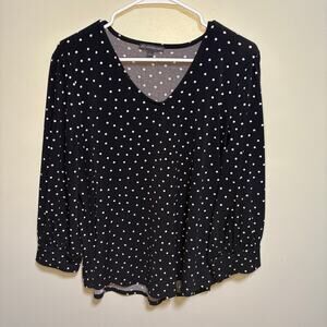 Adrianna Papell Black V Neck White Polka Dots Long Balloon Sleeve Blouse Large
